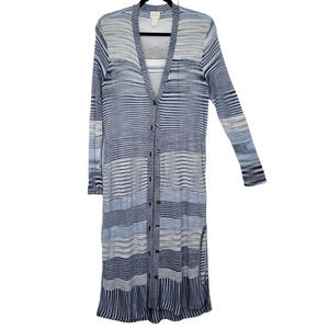Chicos Daphne Mix Open Knit Long Sleeve Blue Striped Duster Cardigan 2- L